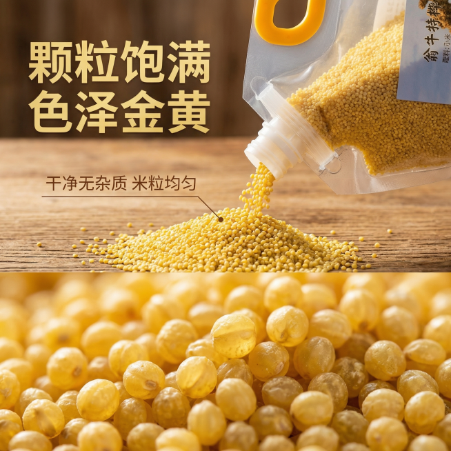 [主图 3] 
[主图主题] 小米颗粒细节特写
[氛围/风格] 微距特写，突出颗粒质感与新鲜度
[画面元素] 从包装袋倾倒出的金黄小米颗粒铺满画面下半部分，微距放大展示小米饱满圆润的颗粒纹理，颗粒分明预览效果