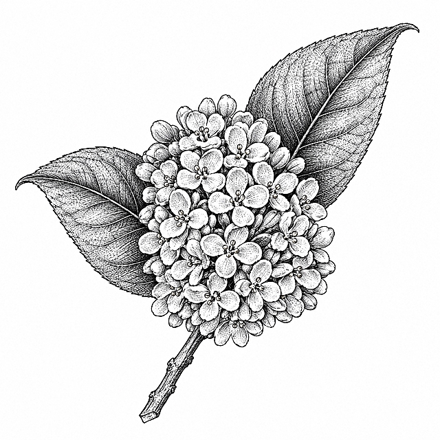 参考图中包装上的黑白铜版画/古典植物雕版线描风格，重新绘制一幅【桂花】的简笔画：一簇桂花特写居中，小花四瓣饱满、花心清晰，密集堆叠成圆润花球，背景衬托两片大桂叶与叶脉细节，用细密排线塑造花朵的体积与层次，纯白背景，黑白色调，无任何文字