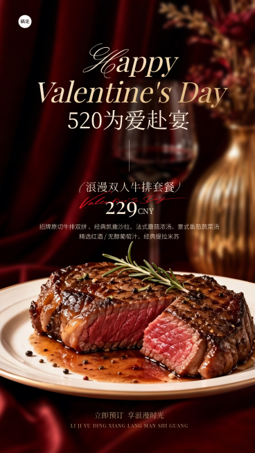 520情人节七夕西餐餐饮美食高级简约节日营销线上渠道全屏竖版海报预览效果
