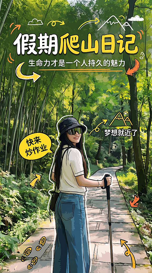 参考图片2-5的手绘涂鸦创意排版风格，设计旅行封面图，使用第一张图的人物和绿色森林爬山场景，添加大字标题"假期爬山日记"，采用活泼的设计风格和显眼的文字排版，适合小红书旅行封面