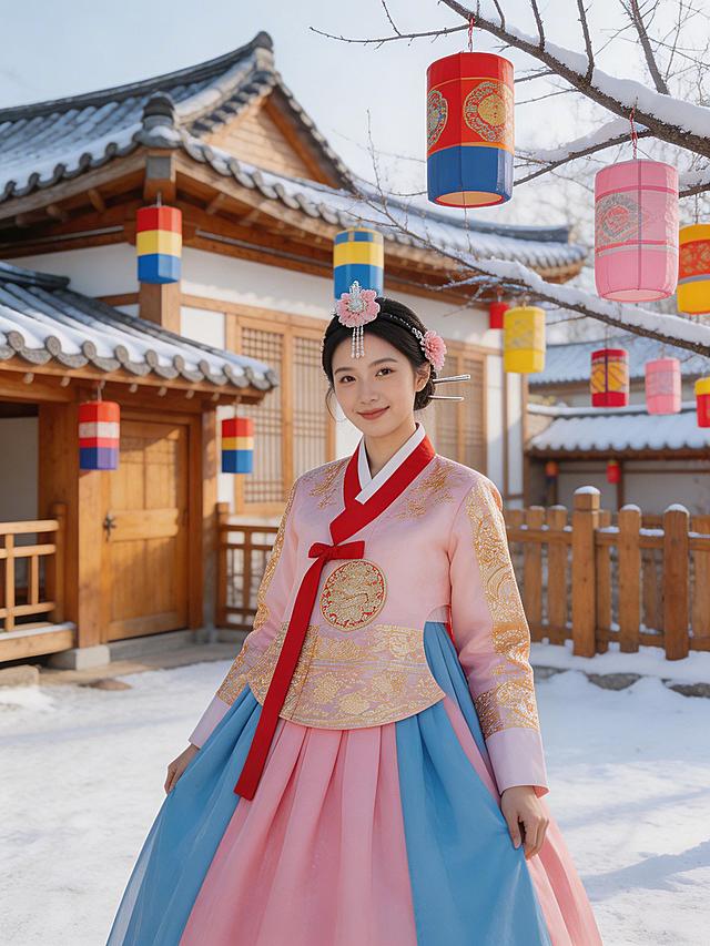 朝鲜族民俗园场景，穿着精美朝鲜族传统服饰的年轻女生站在古色古香的朝鲜族传统院落里，周围挂满了彩色的朝鲜族传统灯笼，冬日氛围浓厚，拍照出片感强，写实摄影风格，高清晰度，3:4比例。