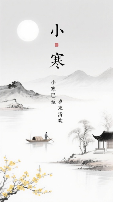 艺术字标题“小寒”，小字“小寒已至 岁末清欢“文字，天空中明亮的圆月，下方是山水景色，有连绵的山峦、平静的湖水，湖面上有一叶扁舟，船上有一人。湖边有中式楼阁，还有开着黄色花朵的树木，整体暖冬氛围预览效果