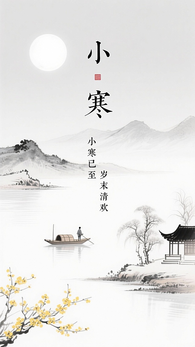 艺术字标题“小寒”，小字“小寒已至 岁末清欢“文字，天空中明亮的圆月，下方是山水景色，有连绵的山峦、平静的湖水，湖面上有一叶扁舟，船上有一人。湖边有中式楼阁，还有开着黄色花朵的树木，整体暖冬氛围