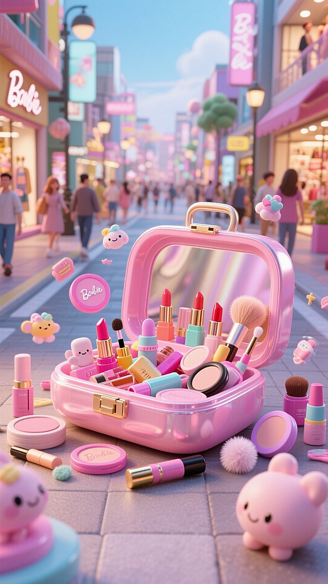 街道上巨大芭比风化妆盒，里面和周围装满并环绕各类可爱商品（美容美妆品），周围有漂浮的商品与小装饰元素，背景是商场购物街