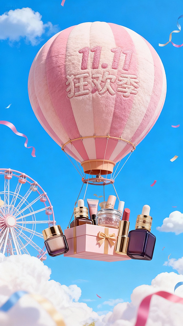 一个带有主体配色的大型热气球，吊篮为礼盒样式，礼盒里放着图中所有物品，气球上绣着“11.11 狂欢季”，背景展示高饱和蓝天、摩天轮、云朵、彩带等元素，营造出活泼、精致的氛围。