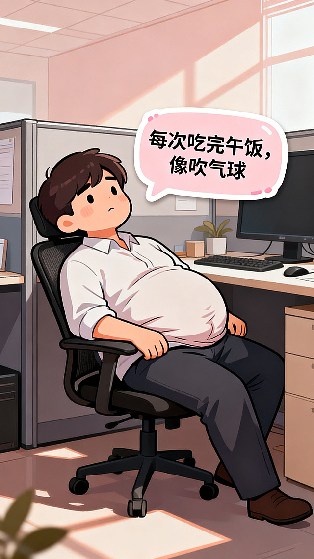 动漫画风格，吃完午饭后瘫坐在工位椅子上的职场人，肚子把衣服撑出褶皱，添加配文贴纸“每次吃完午饭，像吹气球”