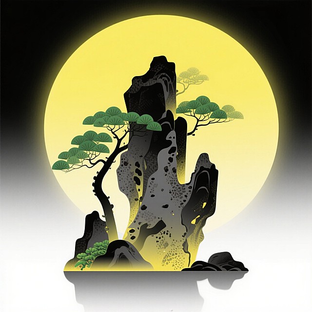 一座假山植物置景，背后巨大的圆月，画面整体呈现黄黑色