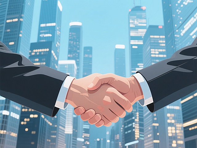 双重曝光效果的商业合作概念海报，特写的两只穿着正式西装的手在画面中央有力地握手，手部姿态自然、手指紧扣，展现出信任与合作的氛围，西装袖口细节清晰可见，背景是繁华的现代城市天际线，高楼大厦林立，城市夜景灯光璀璨，整体色调改为清新商务蓝与沉稳灰的渐变融合，主色调为明亮的浅蓝色和深灰色，辅以少量白色和淡金色点缀，光影柔和，高光集中在握手的手部和城市灯光区域，阴影自然过渡，画面构图采用对称平衡布局，视觉焦点突出，整体风格偏向现代简约的商业插画风格，传达出专业、可靠、合作共赢的商业氛围，具有高效的信息传达效率，符合商务合作宣传的目标受众和目的。
