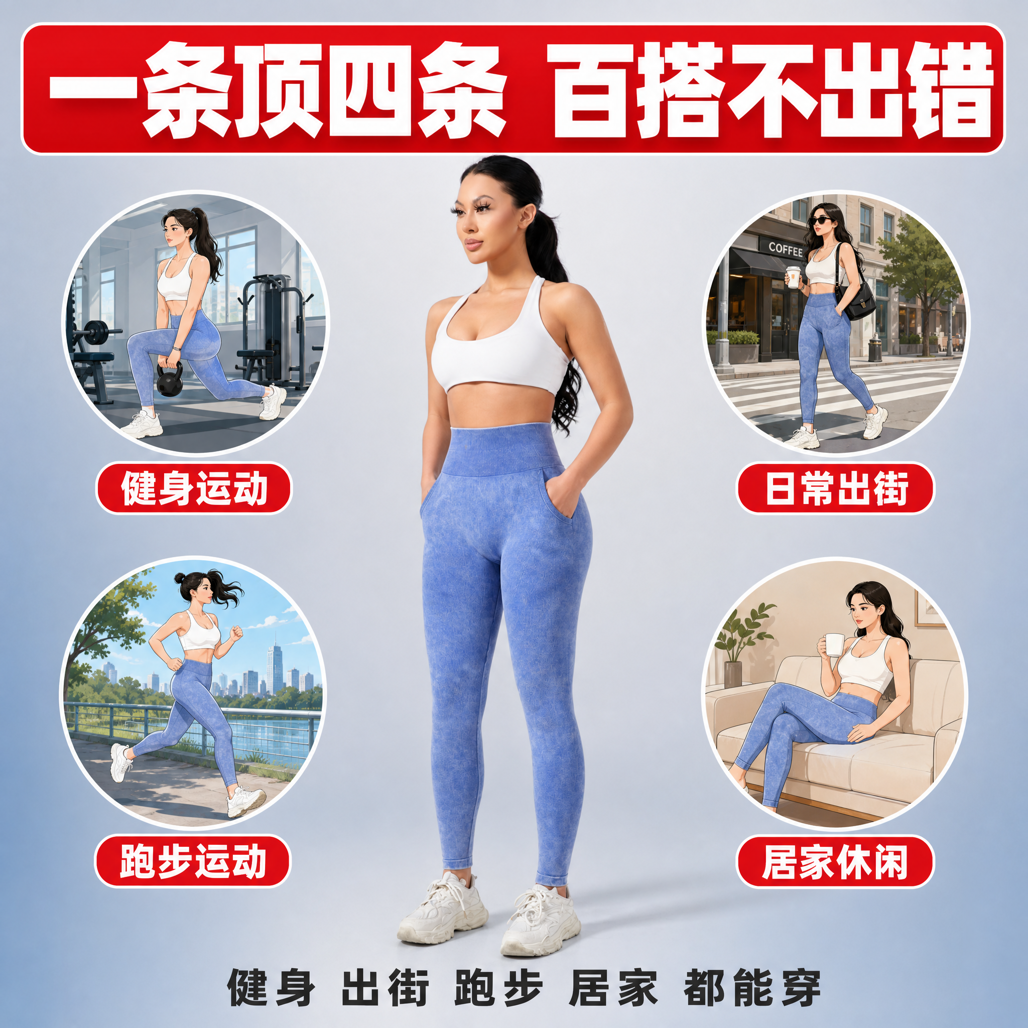 [主图-5] 牛仔风瑜伽裤 百搭多场景展示图，拼多多风格直白卖… - 图片创意预览
