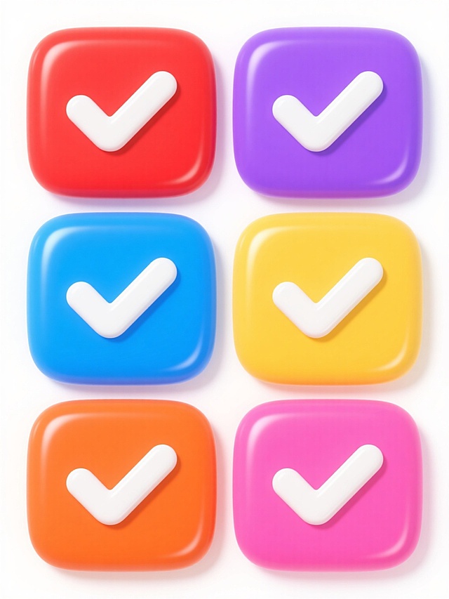 一组6个规整排布的软3D风格图标集合，每个图标均为圆角方形按钮，内部中央有一个白色的对勾符号，按钮具有光滑的曲面和轻微的高光反光效果，整体呈现出一致的软3D质感和简洁造型，每个图标分别采用完全不同的纯色背景填充（如红色、蓝色、黄色、橙色、紫色、粉色），所有图标在白色背景上整齐排列，形成色彩丰富且风格统一的系列素材。
