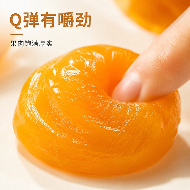 [主图-3] 果肉细节微距特写主图，突出Q弹质感。[氛围风格] 微距特写，极致食欲感。[画质] 超清商业摄影，微距细节清晰。[元素] 特写镜头对准一颗拆开包装的黄桃果脯，展示黄桃果肉饱满油润的纹理，Q弹软嫩的质感，表面光泽透亮，手指轻按果肉展示回弹状态。保持产品果肉纹理与参考图一致。[光影] 暖光侧打，突出果肉肌理光泽，油润感十足。[配色] 主体暖橙色，浅白色背景，简洁干净。[视角构图] 近距离特写，果肉占据画面中心70%区域。[文字版式] 左上角小字标注，大字写"Q弹有嚼劲"，橙棕色粗体，下方小字写"果肉饱满厚实"。[输出要求] 1:1 比例，文字清晰锐利，超高清商业摄影质感。[负向提示词] 变形，文字错乱，产品图模糊，背景杂乱，水印，电商平台Logo。