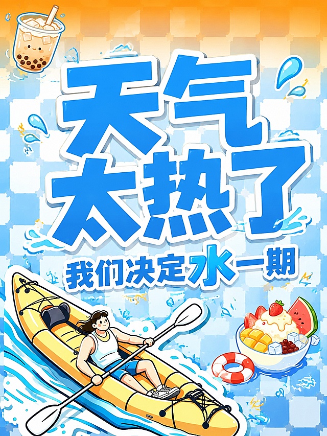 小红书笔记大字封面，配图大字，高饱和撞色夏日风，版式精美，小红书笔记封面质感，适合信息流点击。主标题必须完整呈现且为画面视觉中心，逐字锁定：「天气太热了」，副标题：「我们决定水一期」。主标题字号占画面约 55% 视觉权重，字体加粗放大，更加突出醒目，清晰可读，不得增删改字。背景：蓝白棋盘格+浅橘色顶边渐变。标题排版：超粗扁平黑体，浅蓝色主标题带白色粗描边，增强对比，突出字体，让字体更加醒目。配图：【图1】保留原划皮艇插画与冰饮、刨冰小元素，整合到封面，元素位置可微调让标题更突出。装饰：左上角奶茶冰饮小装饰，右下角刨冰西瓜小装饰，加手绘水滴装饰元素，位置与数量克制、不抢主标题。整体氛围：夏日清凉玩水、轻松有趣的小红书笔记氛围。画质：高清细腻，信息层级清晰，主标题与背景强对比，文字完整处于安全区内不可裁切，四周留安全边距，多多突出小红书封面的感觉，字体更大更突出。图生图：严格使用用户上传图片，【图1】= 原封面参考，保留整体元素，强化字体和小红书封面质感。