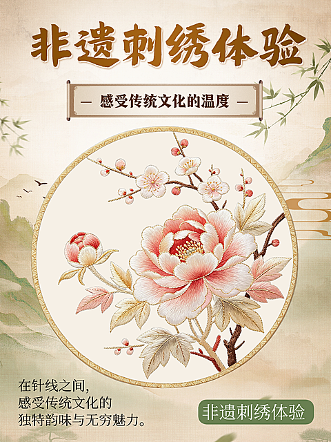 中式古典雅致非遗刺绣体验活动宣传小红书封面