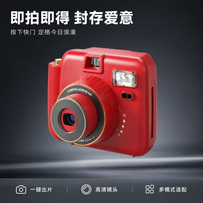 [主图-1] 一次成像拍立得相机核心利益首图，红色复古外观
[氛围风格]简约高级科技感，精致商业数码海报
[画质]商业摄影质感，光线通透柔和，产品清晰真实，画面干净高级
[元素]红色一次成像拍立得相机预览效果