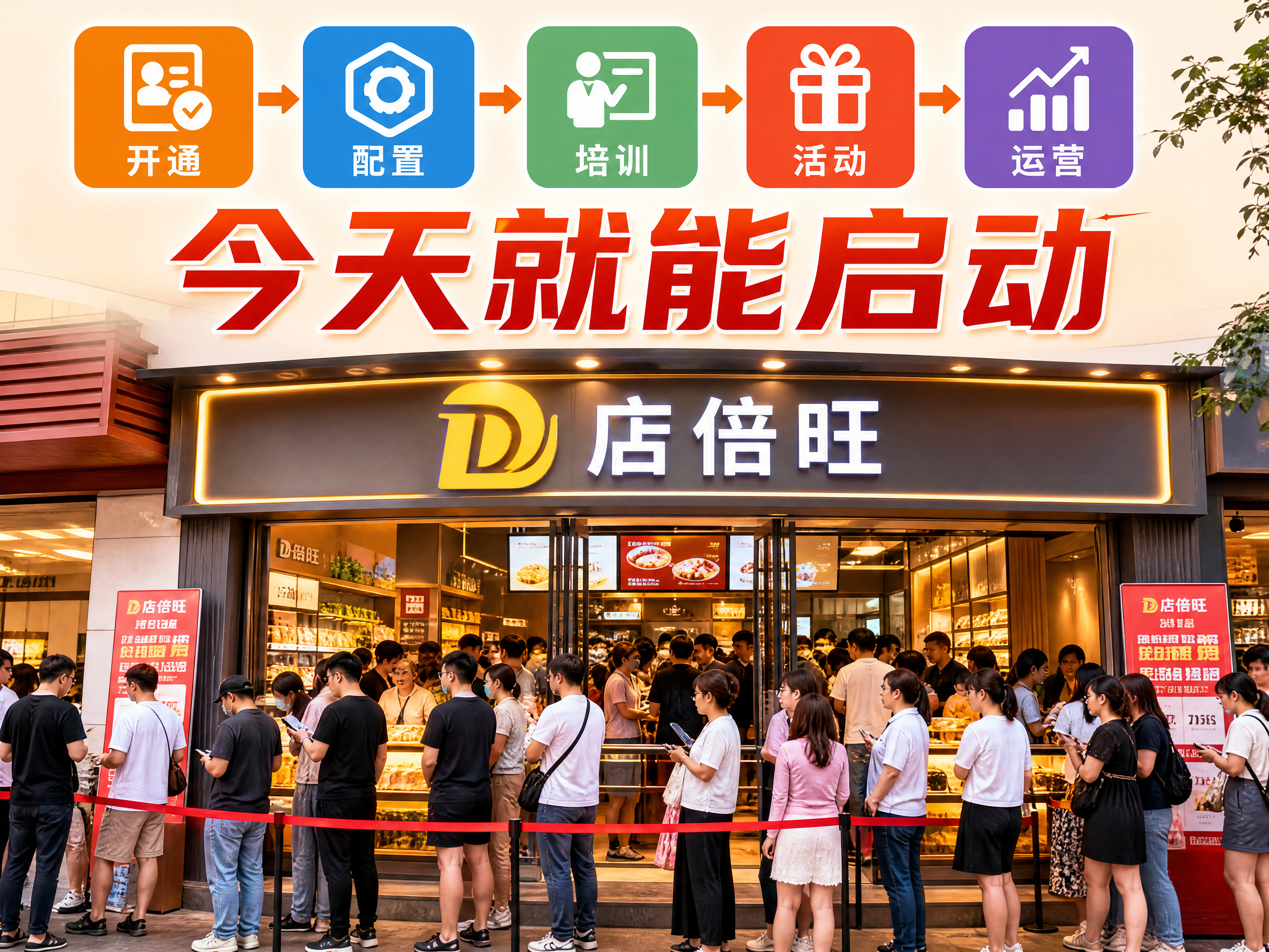 写实风格4:3场景图，画面主体是一家门店外火爆排队的热闹场景，… - 图片创意预览