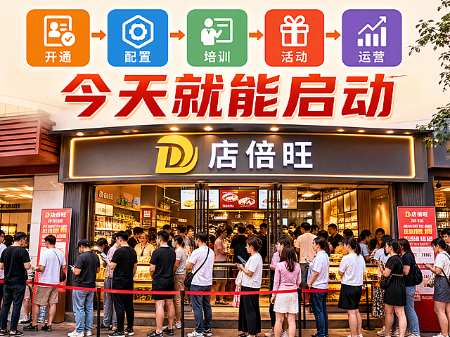 写实风格4:3场景图，画面主体是一家门店外火爆排队的热闹场景，门店招牌醒目，店内顾客盈门，店员忙碌，门口排着长队，人气旺盛。画面中清晰展示店倍旺的五步流程图：开通→配置→培训→活动→运营，用箭头连接五个步骤，每个步骤配有简洁图标。画面显眼位置有醒目文字"今天就能启动"，字体清晰易读。整体色调温暖明亮，商业氛围浓厚，写实摄影风格，高清晰度，细节丰富。所有文字必须准确无误：开通、配置、培训、活动、运营、今天就能启动、店倍旺。