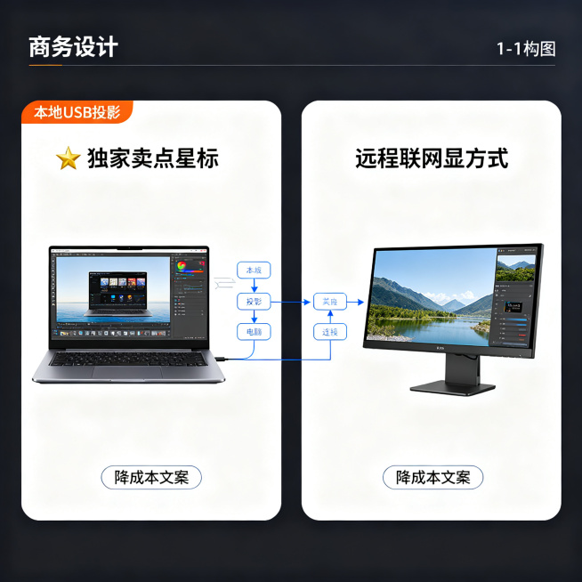简约科技产品卖点宣传图，1:1构图，分左右两个板块展示两种显示方式，左侧展示本地USB投影连接电脑，右侧展示远程联网显示，标注独家卖点星标，增加流程图和底部降成本文案，简洁干净商务设计预览效果