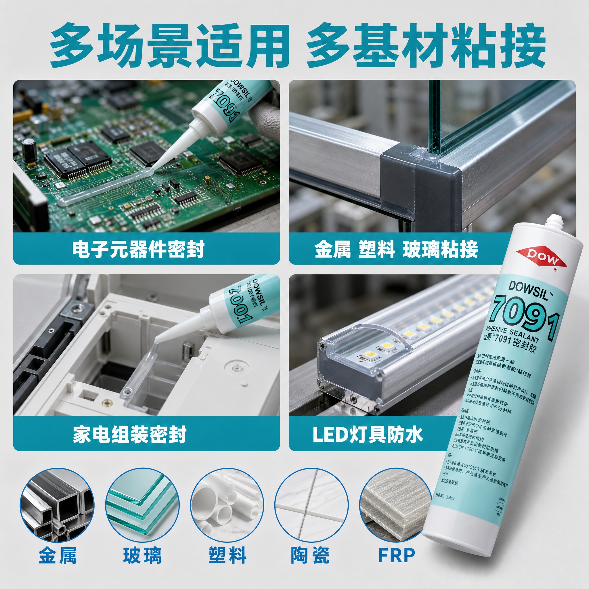 [主图-4] 适用场景与基材展示图，说明7091密封胶的应用领… - 图片创意预览