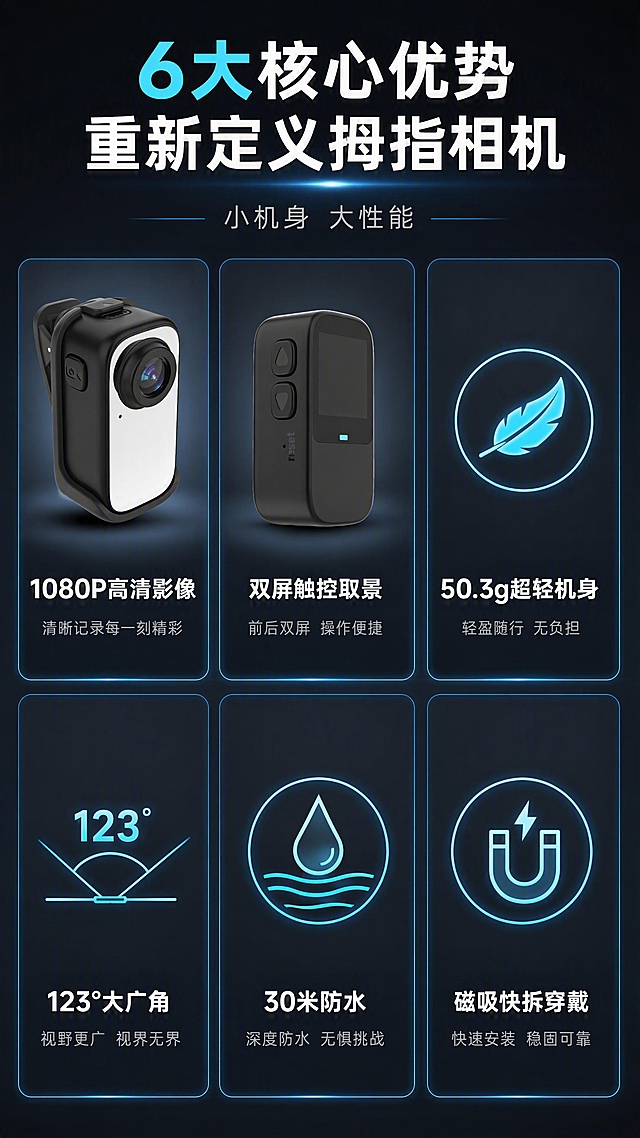 [第2张] 详情页核心卖点总览-拇指运动相机6大卖点卡片。本张使用【图4】展示相机正面镜头面，【图1】展示后屏触控面，分别嵌入不同卖点卡片中。
[氛围/风格] 深色科技风，深灰背景搭配蓝色发光分割线，信息卡片式布局，专业数码产品详情页质感。
[元素布局] 画面顶部为标题区，下方6个卖点卡片分2行3列排列；左上卡片嵌入【图4】相机正面图配「1080P高清影像」，中上卡片嵌入【图1】后屏图配「双屏触控取景」，右上卡片配图标「50.3g超轻机身」；左下卡片配图标「123°大广角」，中下卡片配图标「30米防水」，右下卡片配图标「磁吸快拆穿戴」；每张卡片有细微发光边框，卡片间有蓝色细线分割；产品在卡片中占比约40%，保持原机结构与颜色一致。
[光影质感] 整体均匀柔光，每张卡片内产品有独立小光源打亮，卡片底部轻微投影，层次分明。
[配色色系] 全局底色 #22262E 深灰；主色 科技蓝 #00B4FF；辅助色 青色 #00E5FF；卡片底色 #2A2F38；文字白色。
[视角构图] 正面平视，网格状阅读动线，从上到下、从左到右依次浏览6个卖点。
[文字版式] 顶部主标题「6大核心优势 重新定义拇指相机」，副标题「小机身 大性能」；每个卖点卡片内上方为图标/产品图，下方为卖点标题+1行简短说明；标题字体粗黑，说明文字小号浅灰；整体信息层级清晰，手机端可读。
[比例分辨率] 9:16 竖版比例，4K分辨率，文字清晰可辨，高清画质。
[负向提示词] 产品变形，结构错误，文字过小不可读，水印，颜色偏差，卡片错乱，背景杂乱。