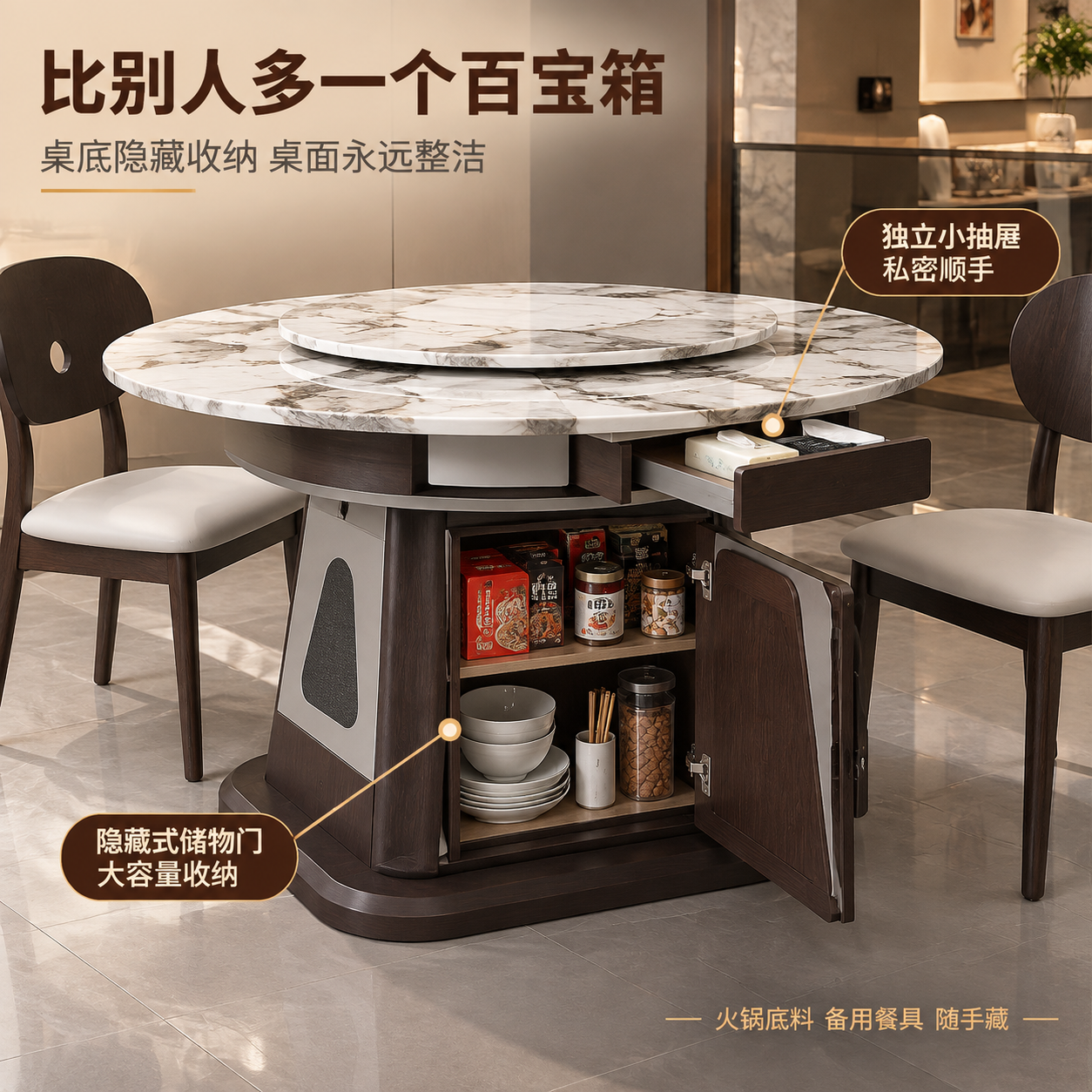 [主图-4] 主题：隐藏式收纳功能展示，突出桌底储物门与小抽屉… - 图片创意预览