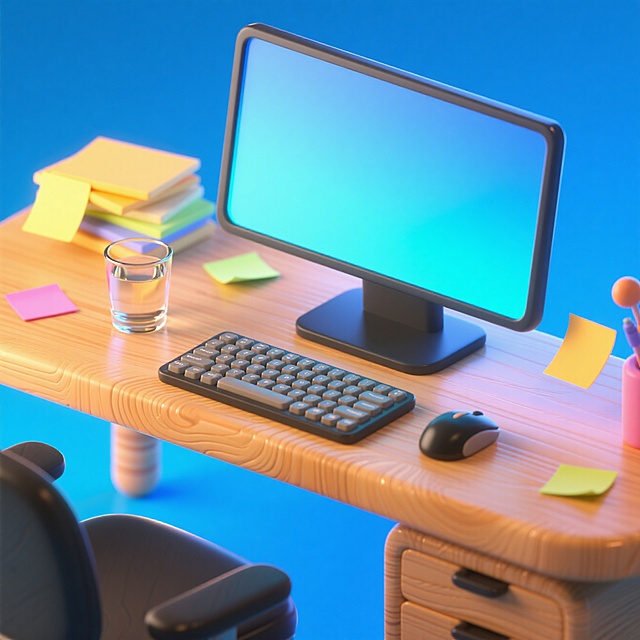 一个办公桌，周围有鼠标、显示器，键盘，水杯，便签等装饰元素，画面撞色，蓝色渐变背景