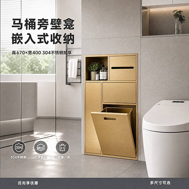 将这张马桶旁嵌入式壁龛收纳柜主图做两处修改：1）产品整体颜色由白色改为金黄色（黄铜金色/钛金色）的304不锈钢金属质感，表面有细腻金色金属光泽与拉丝质感，拉手、边框、门板、内胆全部统一为金黄色，保持原有结构、分层、开门状态、拉手样式完全不变；2）画面比例调整为1:1正方形淘宝主图，重新构图使壁龛主体居中偏右，马桶在右侧完整呈现，左侧标题文字与三个图标完整保留，底部信息条完整，左右两侧适当延伸卫生间空间场景使整体比例协调。保持背景卫生间环境、马桶、文字内容、图标、光影方向完全不变，产品金色质感真实自然，金属反光合理，产品不变形、文字不拉伸、画质清晰锐利。