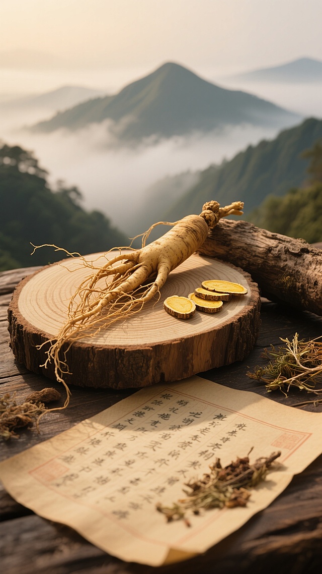 高清写实摄影风格，温暖的棕黄色调为主色调，柔和的侧逆光从画面左侧照射，营造古朴自然的氛围。画面主体是一株完整的、根部带须的人参，放置在一块带有年轮纹理的圆形木墩上，木墩旁有一截天然原木。人参右侧摆放着几片切片的黄色药材，旁边散落着一些干燥的草本植物。前景是一张泛黄的、写有古老文字的纸张，纸上也放着少量草本药材。背景为云雾缭绕的青山远景，山体轮廓朦胧。整体构图采用三分法，主体清晰突出，背景虚化处理，光线柔和地勾勒出人参和药材的质感，营造出传统中药的自然、古朴与珍贵感，画面信息传达清晰，具有浓厚的东方传统医药文化气息。