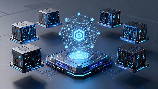Abstract blockchain finance server environment, modular devices hovering symmetrically, glowing network core, elegant fintech design, soft shadows, ultra-modern 3D style, no text, 16:9