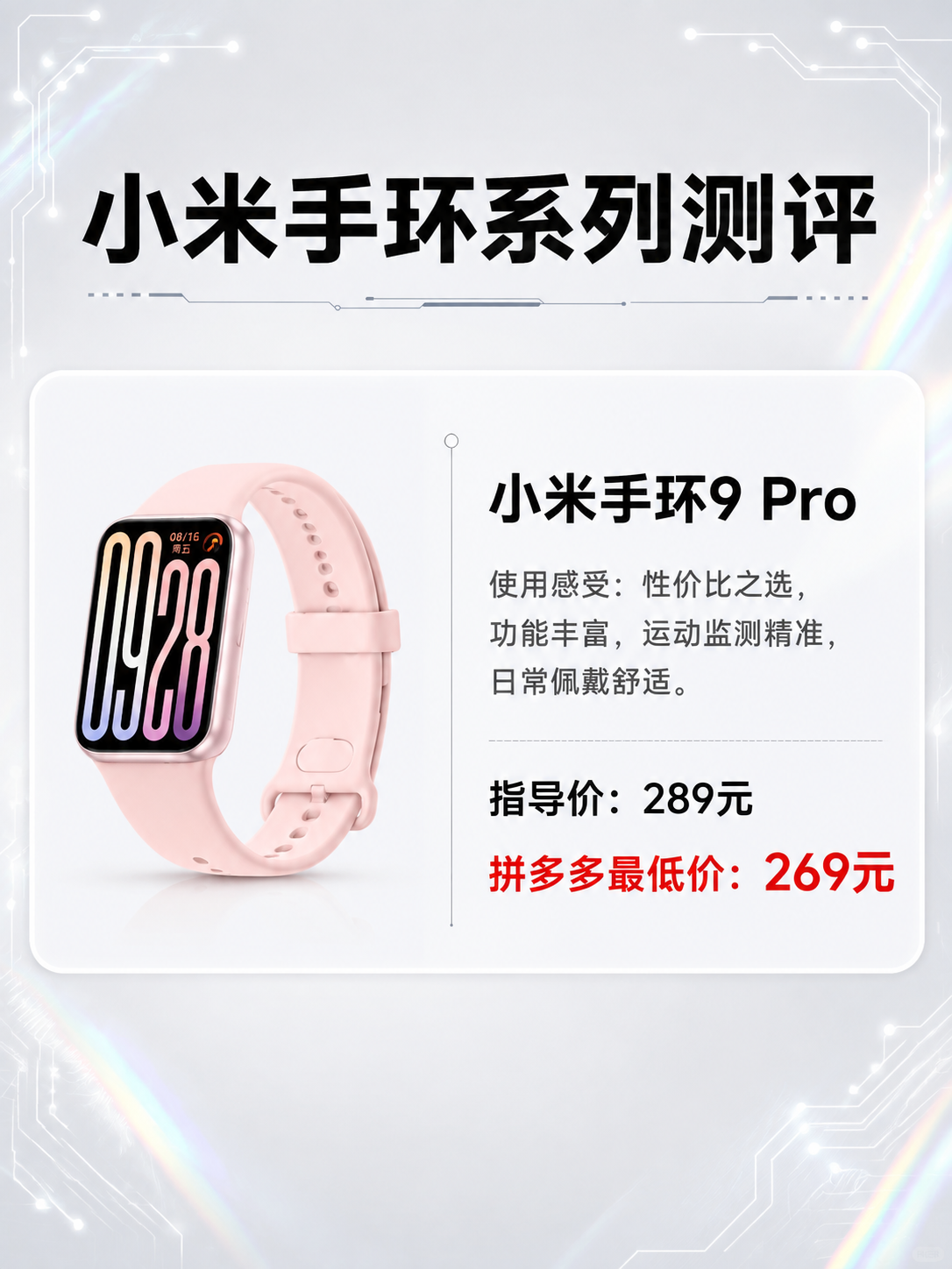 小米手环系列测评海报，第2张：小米手环9 Pro。版式参考第二… - 图片创意预览