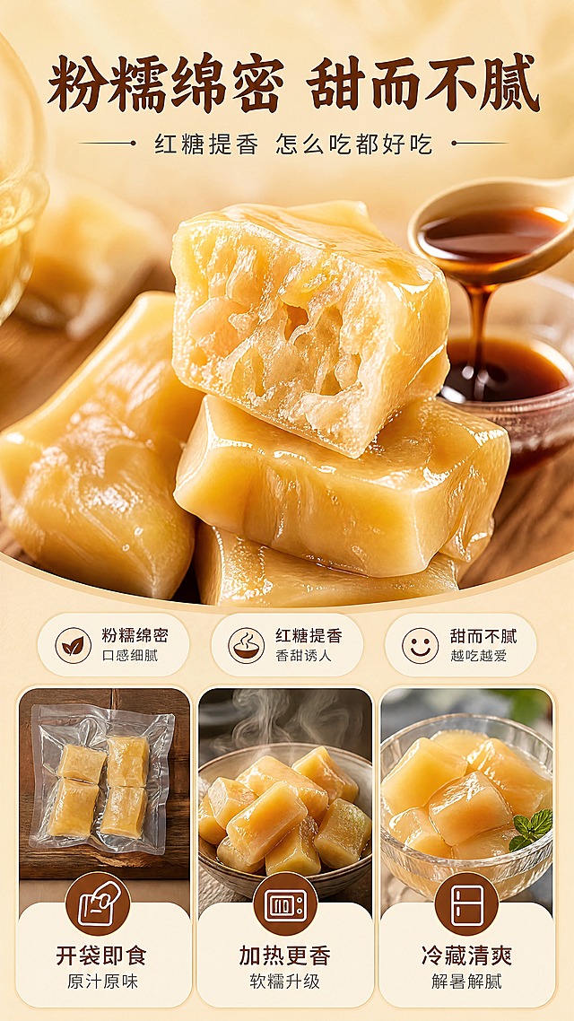 [商品] 使用【图1】整袋图、【图5】单小袋图；保留黄心木薯淡黄色泽、粉糯块状形态；将木薯块从袋中取出展示截面。
[画面] 口感风味页，目标是表现粉糯绵密、红糖提香、甜而不腻的口感与多种吃法。质地微距+动作瞬间结合：上半部分为木薯块截面微距特写（占画面约50%），展示粉糯绵密的内部质地，表面有红糖汁光泽，旁边放一小勺红糖浆；下半部分用3张小图横排展示3种吃法：开袋即食、加热食用、冷藏食用，配对应图标。
[视觉] 套系策略：风格=中式温润食品商业摄影风；标题字=圆润宋体粗体；正文字=简洁无衬线体；主色=暖姜黄；背景延展=基于暖姜黄做深浅层级、米黄渐变和木质/纸张质感；强调色=红糖棕，仅用于小面积图标、引线和标签；标题色=深棕褐；正文色=暖棕灰；组件=圆角米白底信息卡、细线引线、红糖色胶囊标签；光影=左前侧暖柔光，通透自然。
[文字] 顶部主标题"粉糯绵密 甜而不腻"，副标题"红糖提香 怎么吃都好吃"；下方3个吃法卡片："开袋即食 原汁原味"、"加热更香 软糯升级"、"冷藏清爽 解暑解腻"；文字全部横排。
[规格] 图片比例9:16竖版，4K，避免变形、错字、文字过小、冷蓝背景、木薯颜色改变、包装文字错乱。