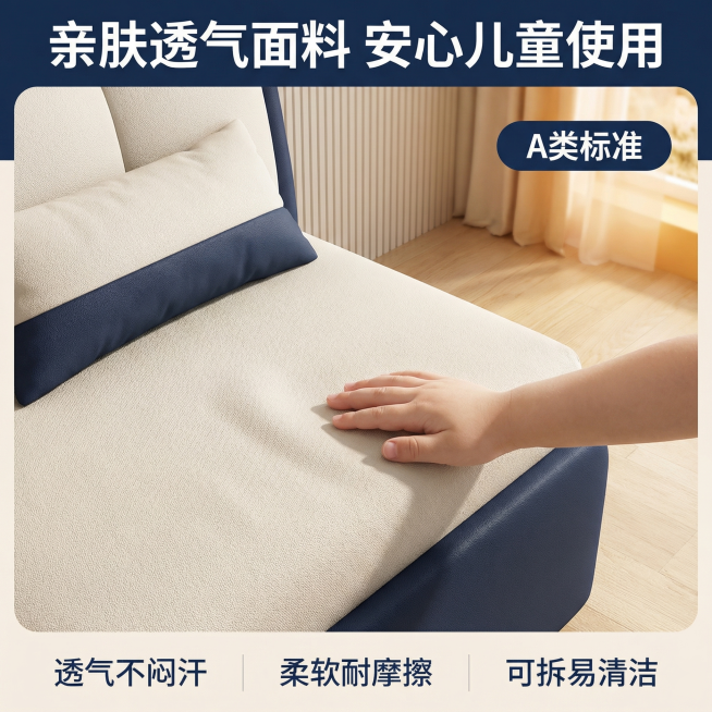 [主图 3] 亲肤面料材质展示，氛围风格为温馨舒适家居治愈风，商业摄影质感、光线柔和通透、产品清晰真实、画面干净高级。全屏放大床头皮料纹理，加入儿童小手抚摸面料的细节，突出柔软亲肤的质感。背景保持与主预览效果