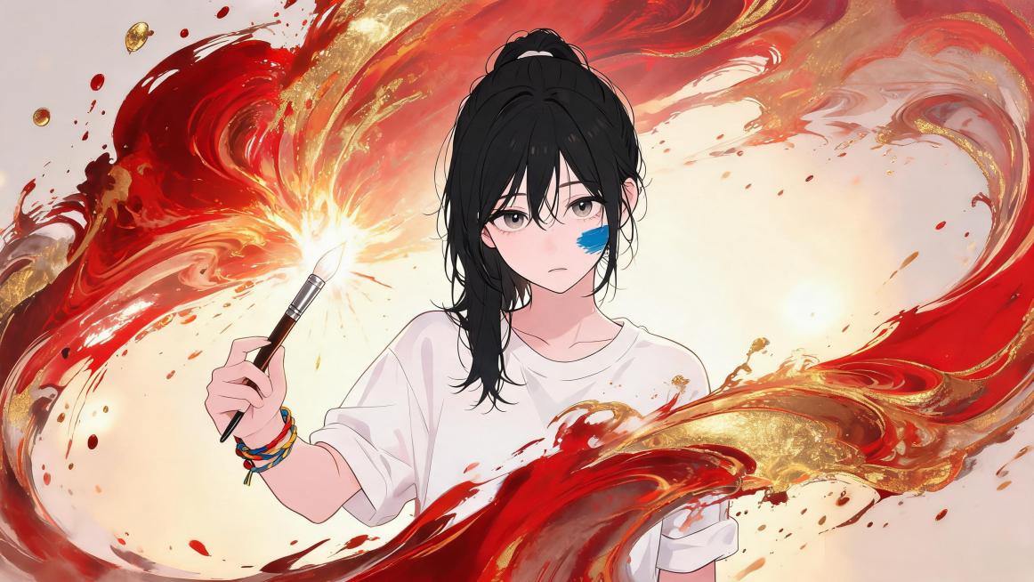 2D超现实 动作动画，参考图的这个女孩手持一支发光的魔法画笔，挥舞着它制造出一片由鲜艳的红色和金色颜料构成的巨大波浪，颜料在虚空中溅洒开来。这种动态姿势，具有水墨画风格的视觉效果，电影级杰作预览效果