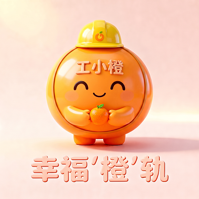 修改已经添加安全帽元素的幸福橙轨品牌IP形象，在IP形象上添加文字"工小橙"，保留原本可爱拟人橙子+安全帽的设计，整体温暖治愈风格不变