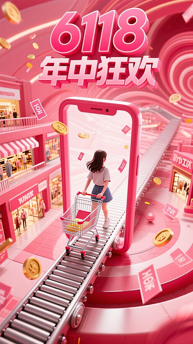 3D艺术风格，虚拟现实购物场景，科技感十足，促销氛围浓厚，年中狂欢节创意设计。