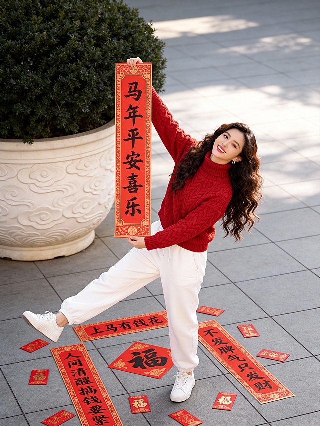 国潮风与实景感交融，红白配色彰显喜庆，大字风春联搭配印刷质感，传递新年祝福，中式元素跃然眼前。