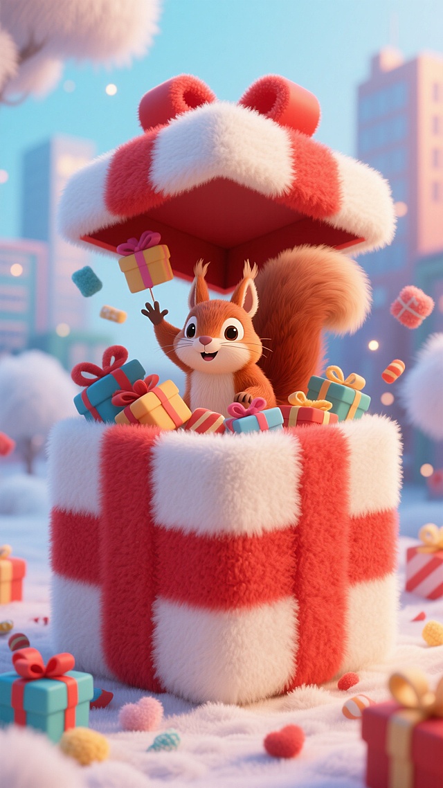 软3D风毛发生长质感，萌趣松鼠跃出巨型礼盒，梦幻雪景中洋溢喜庆温馨，粘土般细腻纹理传递节日治愈感。