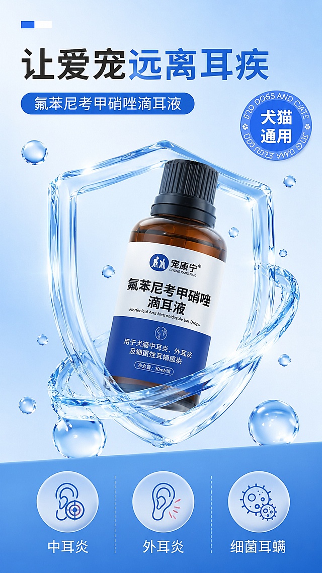 参考图片的电商海报风格，浅蓝色渐变背景，透明水滴和水盾元素，产品悬浮在水盾中，底部蓝色功能区配圆形图标。重新生成一张宠物滴耳液产品海报，画面中央是一瓶氟苯尼考甲硝唑滴耳液（棕色药瓶，黑色瓶盖），被透明水滴和水形护盾环绕，体现抗菌清洁效果。顶部大标题文字："让爱宠远离耳疾"，副标题文字："氟苯尼考甲硝唑滴耳液"，右上角有圆形标识写"犬猫通用"。底部蓝色区域有三个圆形图标，分别对应：中耳炎、外耳炎、细菌耳螨，图标下方标注对应文字。整体风格清新专业，医疗感，9:16竖版构图。