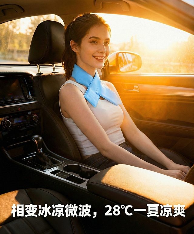 去除车内场景图中央的白色微波炉，还原中控台和扶手箱的完整状态，保留人物、围脖、场景光影和文案