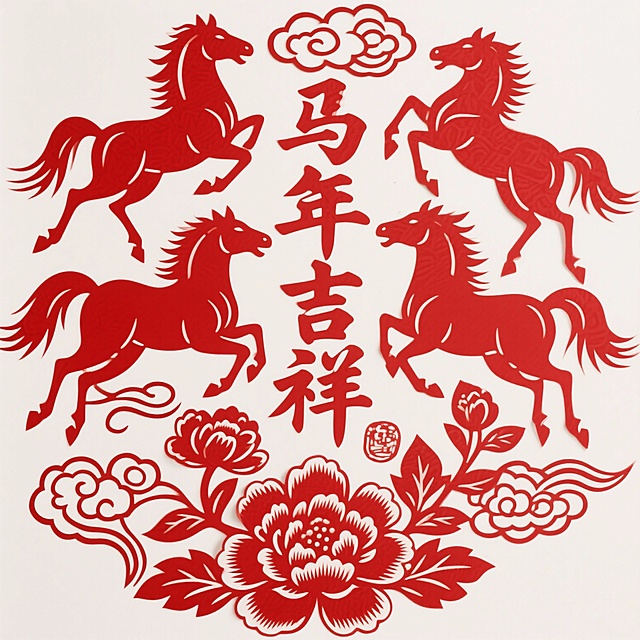 生成马年春节元素的窗花 白底 窗花仅用红色构成 融入文字“马年吉祥”