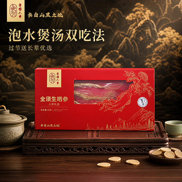 [单张主图] 全须生晒参人参礼盒，高级氛围感主图，适合高端礼品送礼场景，需要同时满足点击、理解、信任、转化四个任务。
[画面主体] 红盒人参礼盒居中放置在中式红木茶盘上，旁侧搭配青瓷茶杯、参片、煲汤砂锅小摆件，保持人参礼盒外观（物理结构、材质质感、红色包装、金色文字图案）与输入产品图绝对一致，杜绝任何变形和色差，精细化处理；商品主体占比严格控制在50%，完整不裁切。左上角安全区提取原包装盒长白山黑土地品牌Logo，保持字形、颜色、比例不变。
[构图版式] 暖棕复古静物型，产品置于中轴，搭配中式道具，背景用黑金水墨山水突出古风氛围，重点表现质感和温润高端氛围。
[场景元素] 背景为黑金水墨山水古风，虚化处理；红盒人参礼盒放置在中式红木茶盘，右侧搭配青瓷茶杯、散落的参片，左下角放置小型煲汤砂锅摆件，道具均与养生煲汤场景匹配，不遮挡产品主体。画面为新中式国风，高端礼品实景拍摄，高清静物实拍。
[文案版式] 左上负空间留白处，烫金大字"泡水煲汤双吃法"，下方烫金小字"过节送长辈优选"，主标题最大，小字缩小50%，字体选用细宋体，字重克制，烫金质感与红色礼盒呼应，文字不遮挡主体。
[光影质感] 暖光氛围，主光为柔和斜射自然光，辅光为环境漫反射反光，在产品边缘形成浅投影，突出礼盒材质质感，整体暖光氛围感，浅景深背景虚化，突出主体；商业摄影质感，光线柔和通透，产品清晰真实，画面干净高级。
[配色字体] 主色调黑金+红，背景为黑金色水墨，礼盒红色，文字为烫金色，字体选用细宋体，主标题大字加粗，辅助小字轻量字重，烫金效果清晰。
[比例分辨率] 1:1比例，750×750px，分辨率2K，文字清晰可辨，超高清。
[负向提示词] 变形，水印，文字错乱，产品图模糊，背景杂乱，文字遮挡主体，错字，伪Logo，主体不完整，色差