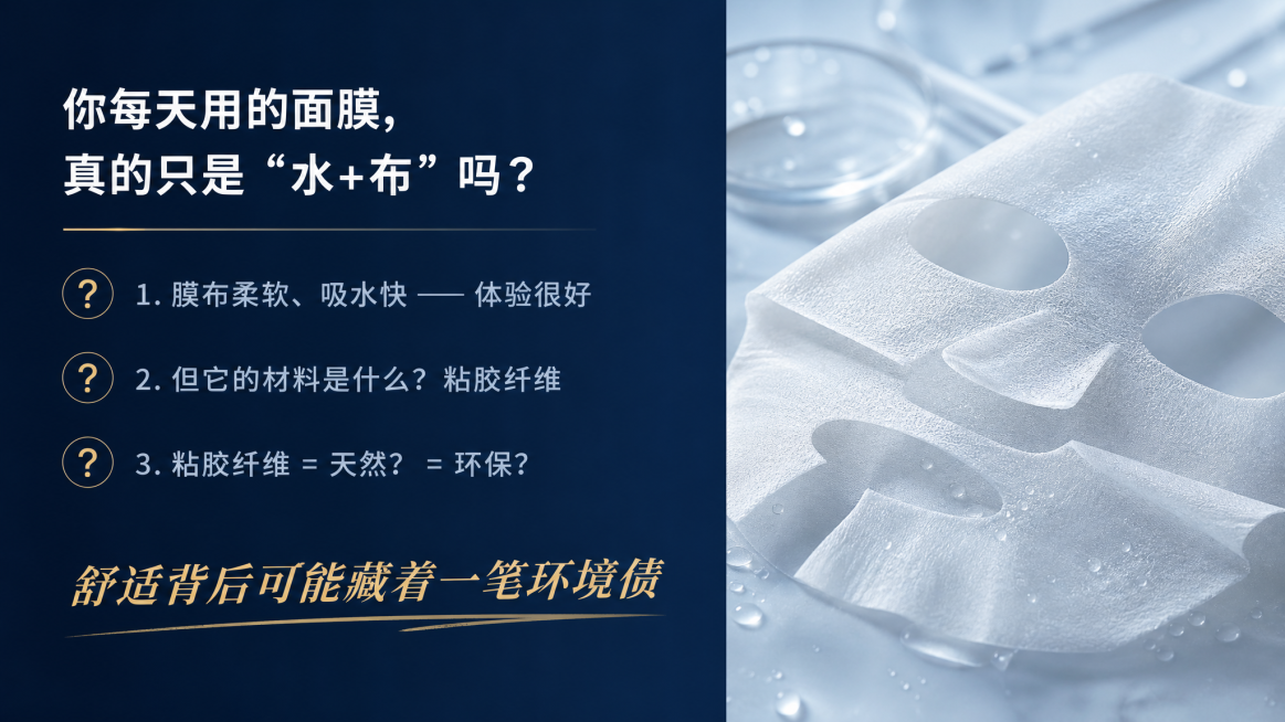 16:9比例，学术汇报PPT第2页，背景深蓝渐变#0A1C3A → #102A4E。左文右图三分法构图，左侧文字，标题"你每天用的面膜，真的只是“水+布”吗？"白色在左上，要点列表：1.膜布柔软、吸水预览效果