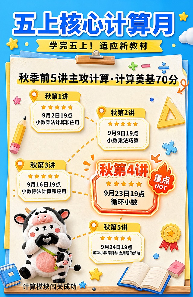 美化这张课程表海报，重点标注第4讲。整体风格保持可爱卡通教育风，蓝色背景+米色纸张+黄色标签的配色基调不变，提升画面精致度和质感。

重点标注第4讲（秋第4讲：9月23日19点 循环小数）的方式：
1. 给第4讲的卡片加上醒目的红色/橙色高亮外发光或描边，比其他讲次更突出
2. 在第4讲卡片旁添加一个醒目的"重点"或"HOT"标签徽章，火焰或星星样式
3. 第4讲的标题文字加粗放大，颜色改为更醒目的橙红色
4. 第4讲卡片背景微微提亮或加上渐变高光效果

整体美化：
- 纸张纹理更细腻，阴影更自然
- 卡通装饰元素（星星、铅笔、三角尺、书本等）更精致有质感
- 底部奶牛玩偶形象更立体可爱
- 文字排版更清晰，层级更分明
- 整体色彩更鲜亮通透，画面更干净精致
