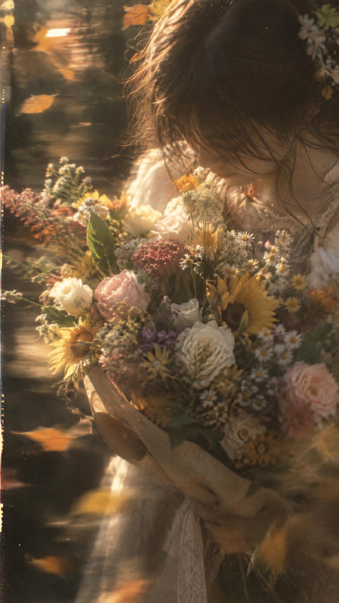 复古胶片写真，秋天美女局部特写，手里捧着一大捧各种各样的鲜花，… - 图片创意预览