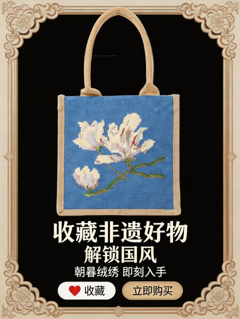 生成3:4竖版全屏布局的收藏与购买引导海报，将宝蓝绒绣玉兰麻本色手提包高清图放在画面居中位置，占据约65%画面，不能修改产品外观和比例，保留宝蓝绒绣玉兰与麻本色质感。产品下方居中排列文字，主标题为"收预览效果