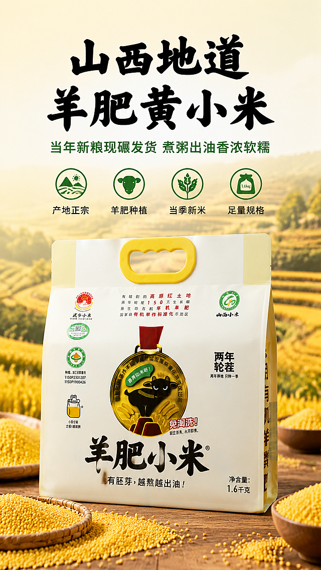 请使用电商详情页技能# 山西羊肥黄小米 2500g正宗农家新米
## 首屏吸睛标题
山西地道羊肥黄小米｜当年新粮现碾发货 煮粥出油香浓软糯

## 痛点引入
家里日常煮粥总踩坑？陈米寡淡无米香，煮不出浓稠米油，口感粗糙不好下咽！选米就得挑原产地好粮，这款山西农家羊肥种植小米，新鲜地道，还原儿时老家米香味。

## 核心卖点分块介绍
✅ **正宗山西产地**
本土山地种植，得天独厚自然水土，地道山西特产，品质原汁原味。

✅ **羊肥生态种植**
农家天然羊肥滋养生长，不催熟不掺杂，粮食自然成熟，吃着安心健康。

✅ **当季全新粮食**
本年度新米采收加工，颗粒新鲜饱满，无陈米旧货，锁住原生米香。

✅ **足量大份规格**
足足2500g大容量包装，居家日常囤货够用，性价比实打实。

## 材质细节
金黄圆润小米颗粒，色泽透亮均匀，米粒紧实饱满，粉质细腻；无碎米、无霉粒、无掺混杂米，干净杂质少，原生态谷物本色。

## 使用场景
日常早餐熬小米粥，浓稠挂壁满层米油；搭配杂粮煮饭、焖饭，香甜适口；老人小孩辅食代餐，全家日常三餐百搭主食。

## 实拍优势
实物实拍无美颜，米粒色泽、品相真实展现；现收现碾现打包，新鲜度看得见，到手和展示品质一致。

## 售后承诺
严格筛选坏米碎米，用心打包防护；品质有保障，日常家用放心选购，售后贴心无忧。「图片1」「图片1」「图片1」「图片1」「图片1」「图片1」
