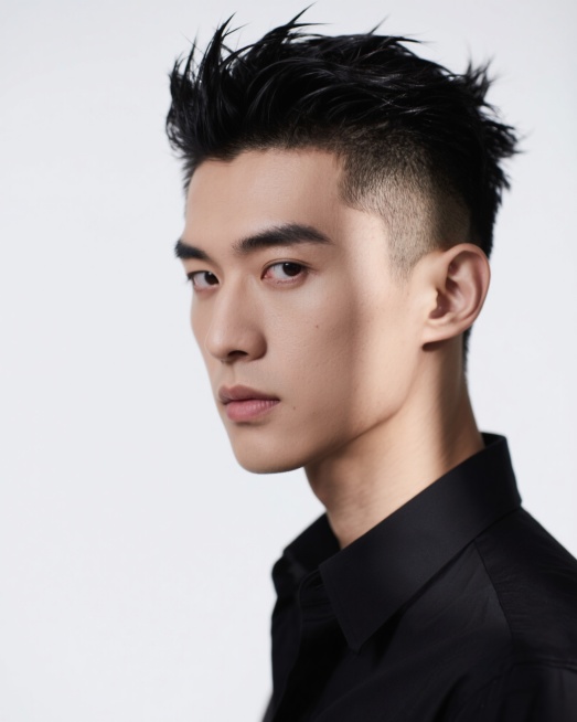 一名亚洲时尚男模，发型为美式前刺，前额头发向前、向上抓出立体刺状，两侧剃短，整体风格俐落且有精神，发型无保湿效果，呈现哑光质感，微侧脸，眼神自信看向前方，上半身穿着黑色衬衫，一束侧光从右往左打在模特发预览效果