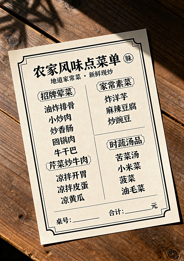 A4尺寸竖版点菜单，中式农家餐馆风格，搭配中式农家餐馆元素和菜品图片，简约现代米色背景，中式线条边框，黑色宋体菜品文字，分区排版清晰整洁，高清印刷画质，无水印，简约大气家常菜馆菜单，自然光质感，平面俯视图，菜单文字内容为：农家风味点菜单 🏠 地道家常菜 · 新鲜现炒 招牌荤菜 油炸排骨 小炒肉 炒香肠 老腊肉 回锅肉 牛干巴 芹菜炒牛肉 家常素菜 炸洋芋 麻辣豆腐 炒豌豆 凉拌开胃 凉拌皮蛋 凉黄瓜 时蔬汤品 苦菜汤 小米菜 菠菜 油毛菜 桌号：________ 人数：________ 合计：________元