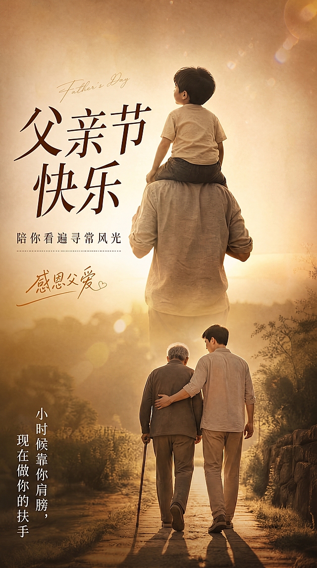 在原图基础上修改，将文案"小时候靠你肩膀，现在做你的扶手"移动到画面左下方，删除左下方原有所有文字，保持整体温暖写实父亲节风格，其他文案位置和画面内容不变，文字清晰不遮挡主体
