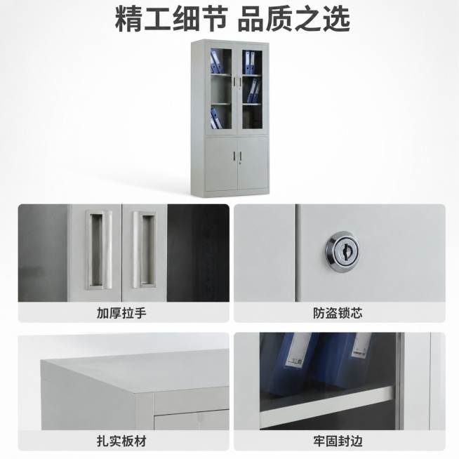 [主图-3] 展示文件柜材质与工艺细节，突出坚固耐用特性。
[氛围风格] 现代简约商务风，保持和主图1一致的风格
[画质] 商业摄影质感，光线柔和通透，产品清晰真实，画面干净高级
[元素] 保持文件柜预览效果