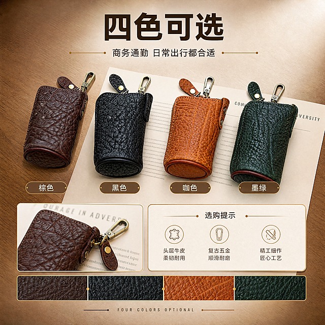 [商品] 使用【图4】四色并排全家福与【图8】咖色款特写；保留棕色、黑色、咖色、墨绿四色与统一包型五金；自然增强皮纹与光泽，不改颜色结构。
[画面] 目标=系列颜色矩阵页；构图=四色产品横向排列占画面60%，每款下方横排色名标签，底部色卡条+小特写；背景=木桌+米白纸面延续；景别=中景；阅读动线=产品→色名→选购提示。
[视觉] 套系策略：风格=轻奢复古商务皮具摄影，暖调编辑排版；标题字=现代粗黑体；正文字=细黑体；主色=暖驼棕；背景延展=米白纸张、浅木纹、暖灰渐变与皮革质感；强调色=复古铜金，仅用于小面积引线、标签、图标与局部光效；标题色=深咖啡；正文色=暖灰棕；组件=细线引线、圆角浅底信息卡、小标签、英文角标；光影=右前侧暖柔光，轻复古。标题版式=顶部居中横排标题，色名为小号横排标签，复古铜金细线分隔色块。
[文字] 主标题“四色可选”，副标题“商务通勤 日常出行都合适”，色名“棕色”“黑色”“咖色”“墨绿”；全部横排。
[规格] 图片比例1:1正方形（宽高1024×1024），4K，避免变形、错字、文字过小、竖排文字、水印、二维码、平台Logo、冷蓝冷灰背景、颜色改变、包型失真、非牛皮质感。
